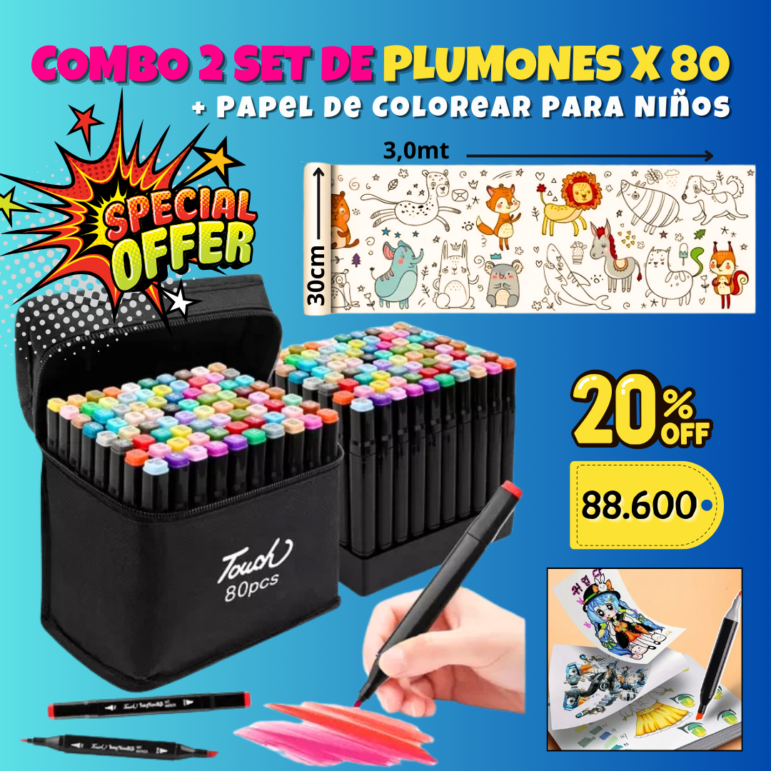 ✍️¡Aprovecha la oferta y regála diversión y color! Perfecto para niños, papel didactico y plumones x 80 und🎨