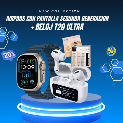 El combo para Tu Día a Día: AirPods Pro 2 con pantalla  + Smart Watch T20 Ultra" + 4 Pulsos para el reloj