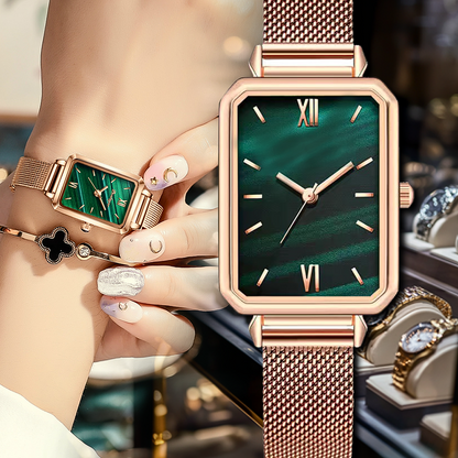 "Estilo y elegancia en cada detalle. "Eleva tu estilo con nuestro reloj cuadrado de cuarzo + una manilla tipo esmeralda