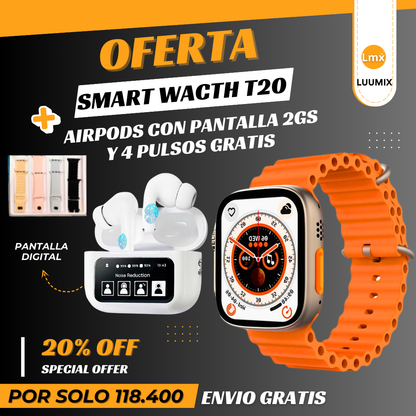 El combo para Tu Día a Día: AirPods Pro 2 con pantalla  + Smart Watch T20 Ultra" + 4 Pulsos para el reloj