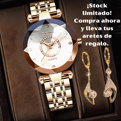 ✨ Un reloj impecable y unos aretes deslumbrantes te esperan. ¡Compra ahora!